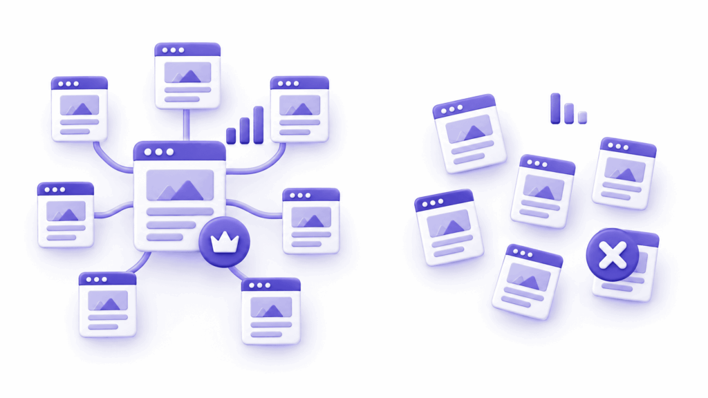 Blog topic cluster diagram showing interconnected posts building authority versus scattered unrelated posts