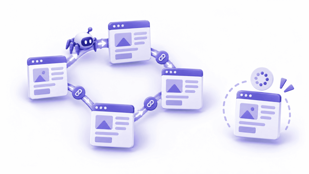 Site architecture diagram showing orphaned page with no internal links sitting in discovered status