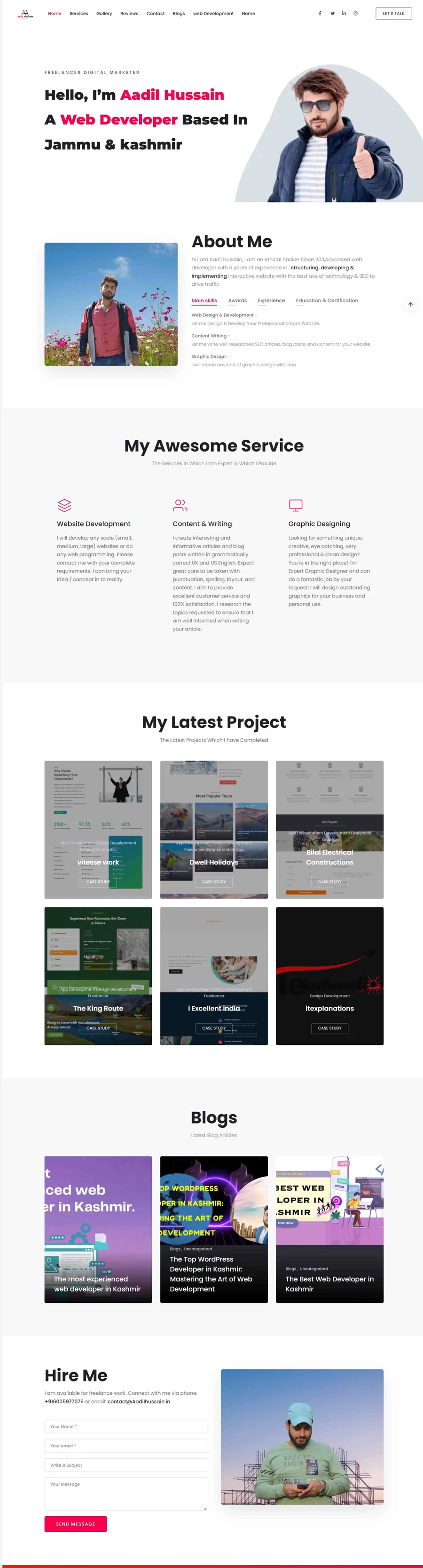 Aadil Hussain WordPress developer portfolio website hosted and built by ElySpace, showing skills and recent projects