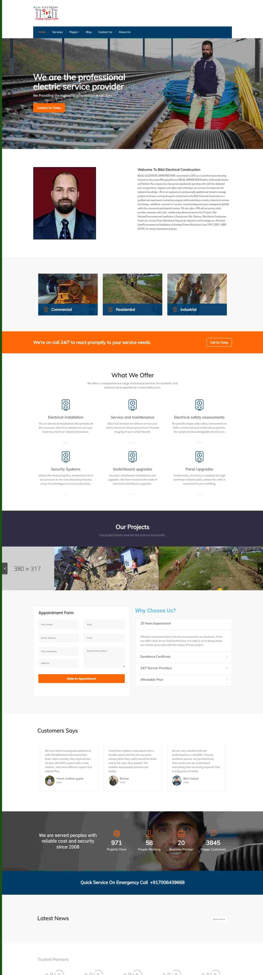 Bilal Construction portfolio website by ElySpace, presenting past projects, services and contact information