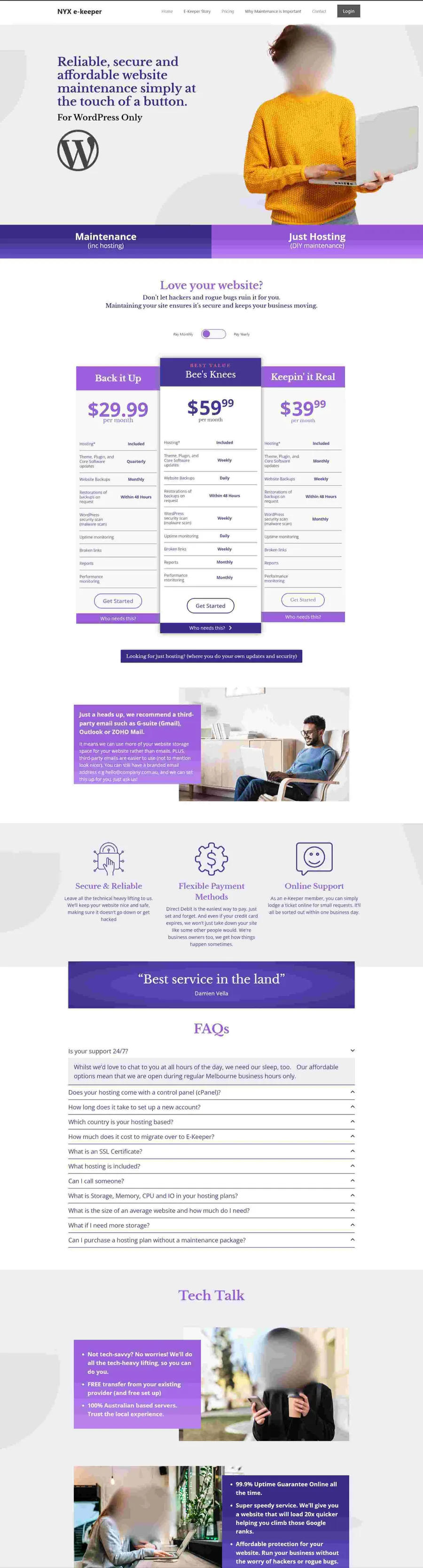 Nyx E Keeper WordPress hosting website portfolio developed by ElySpace, showing managed WordPress plans and features