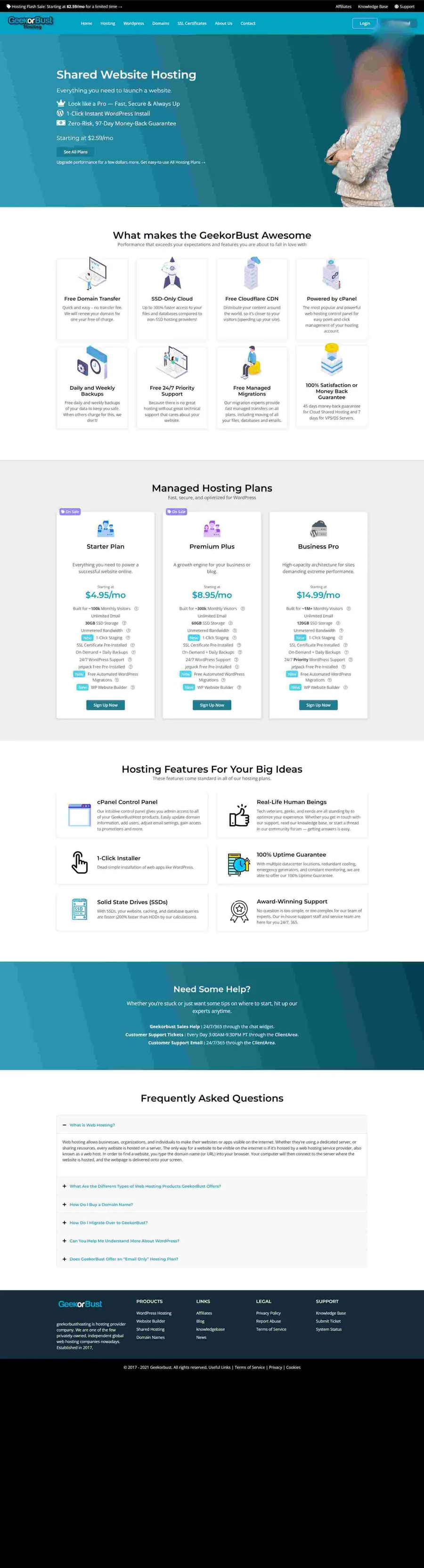 Geek or Bust hosting website portfolio by ElySpace, presenting hosting services with a bold, modern layout