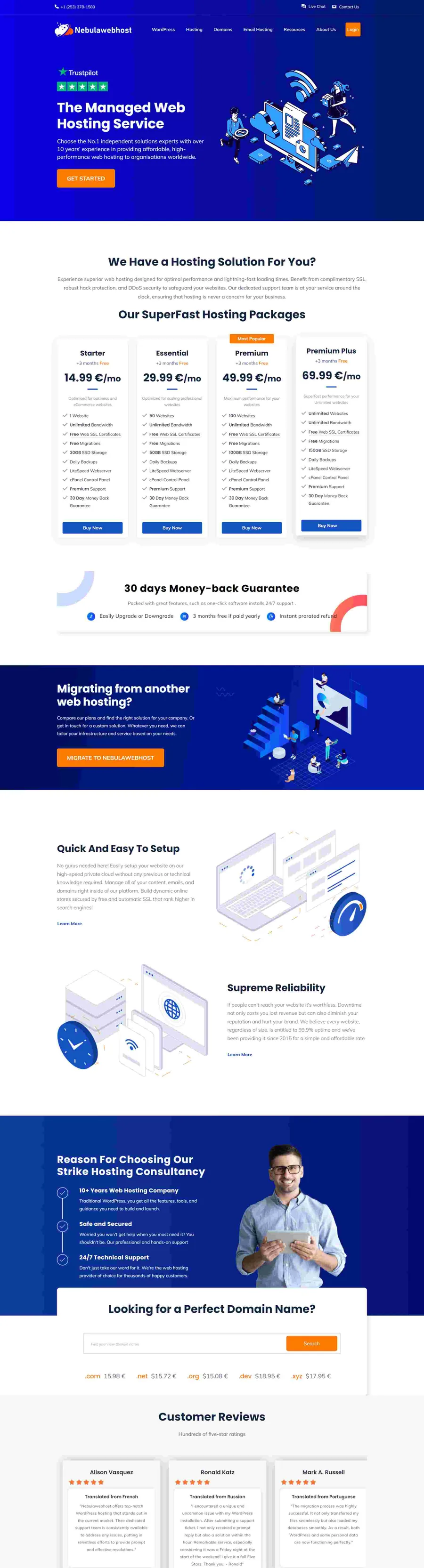 Nebula web hosting website portfolio developed by ElySpace, showing plans, features and a signup section