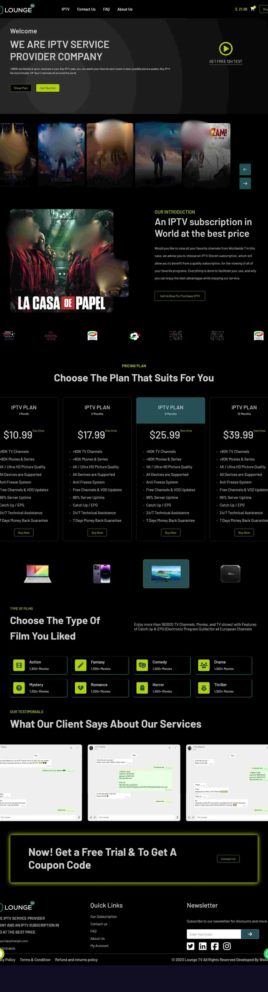 IPTV streaming ready website with channel packages and plans