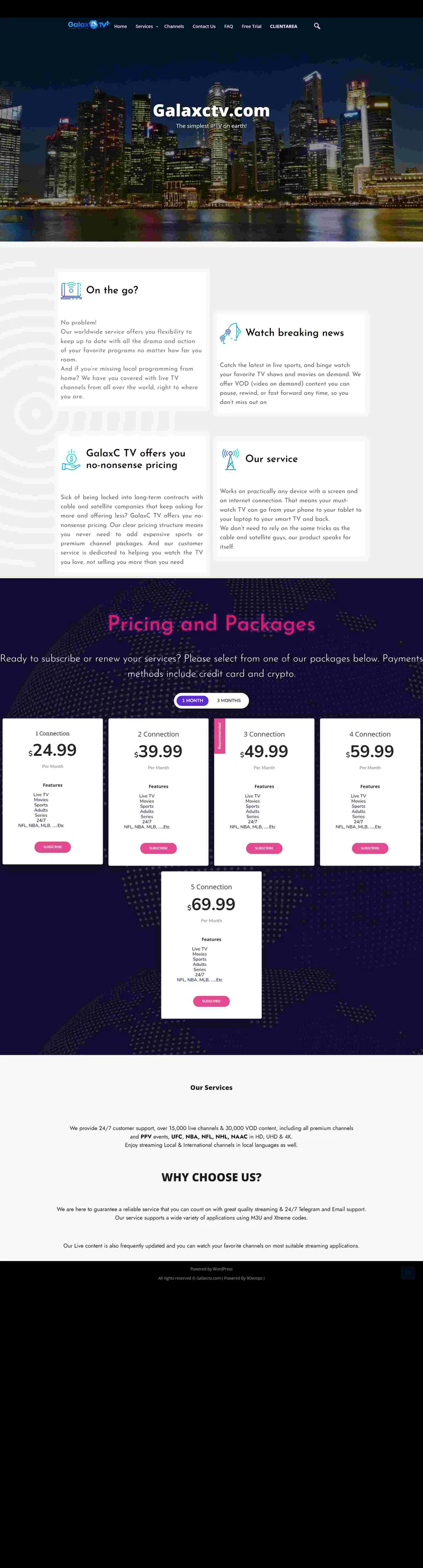 Galaxy CTV IPTV website portfolio by ElySpace, with streaming plans, channel line-up and a signup call to action