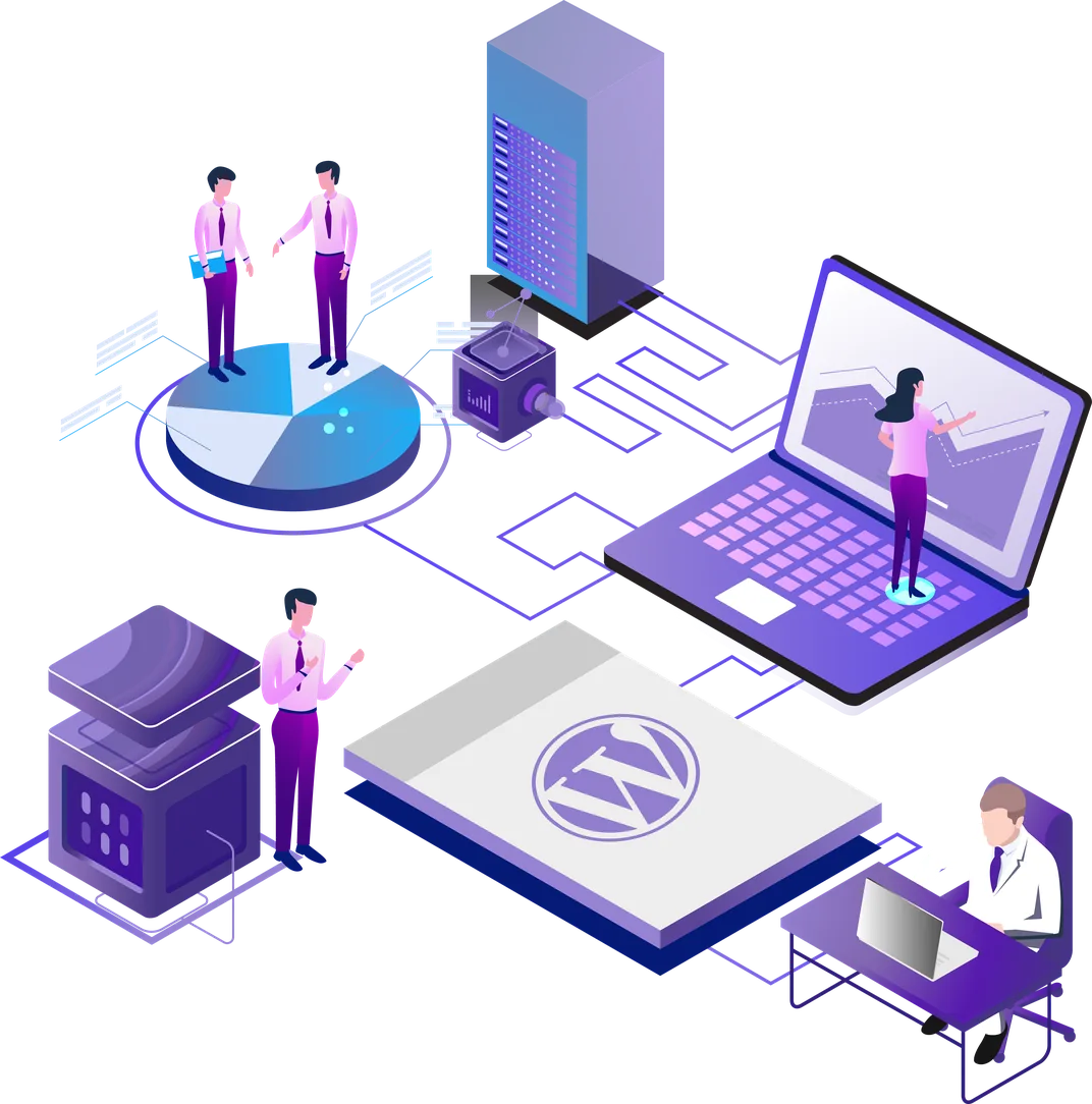 Isometric illustration of a server rack and a laptop showing a website performance chart