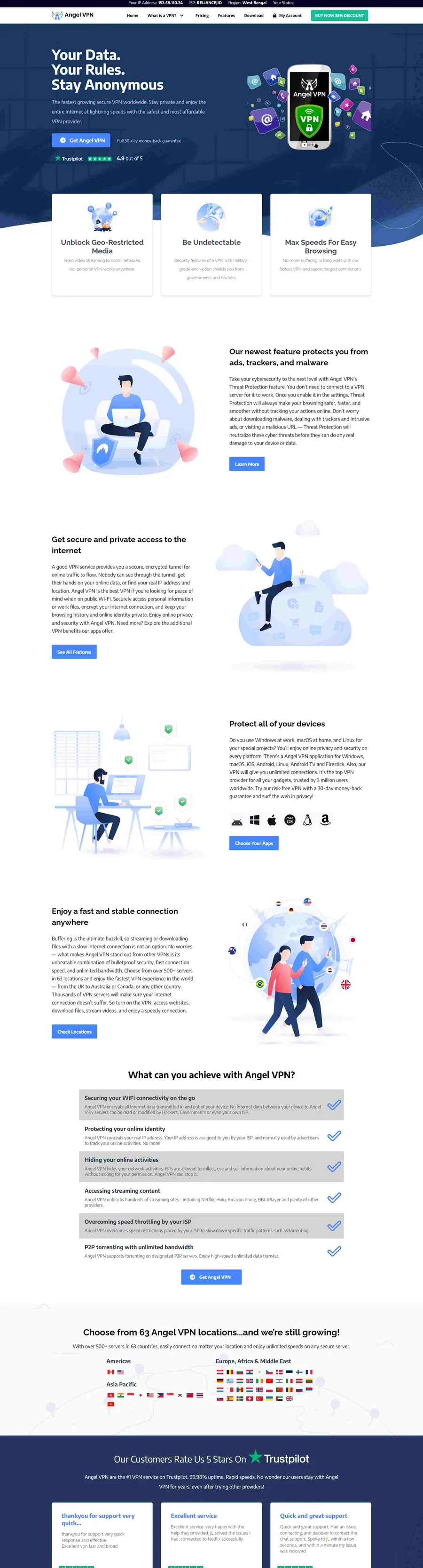 Angel VPN website developed by ElySpace, with server locations, privacy features and a plan comparison table
