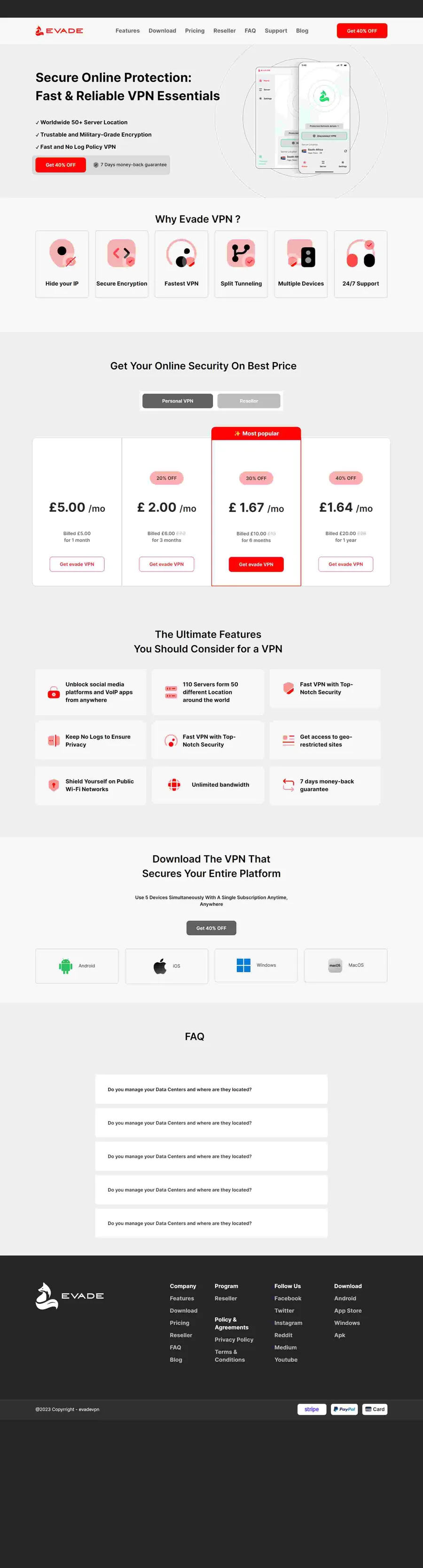Evade VPN website portfolio by ElySpace, showing security features, apps for each platform and pricing