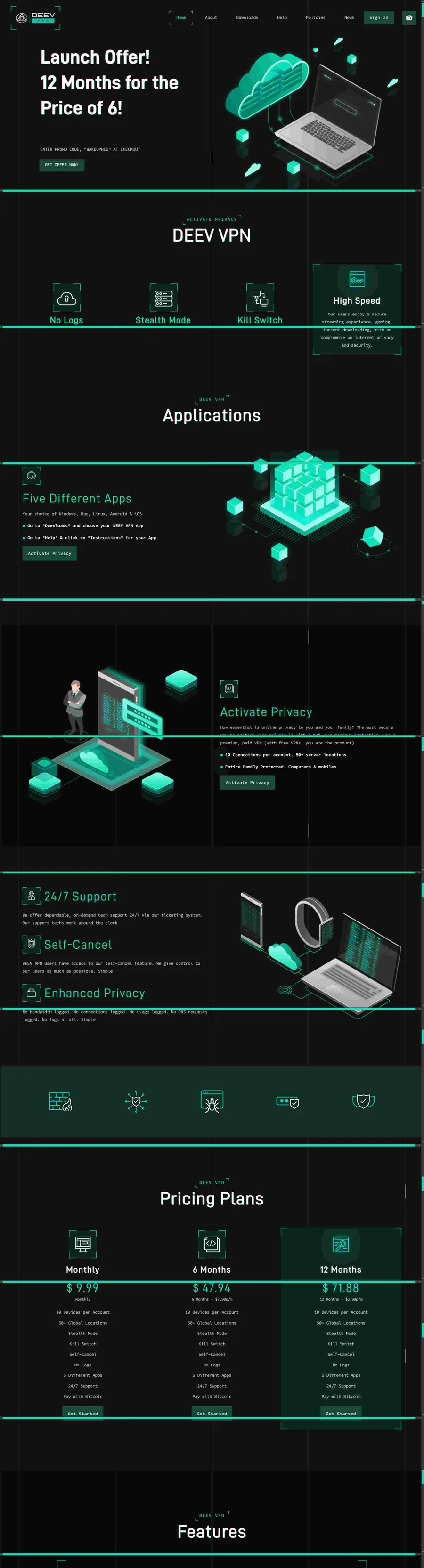 Deev VPN website by ElySpace with a modern interface, navigation menu, security feature highlights and a connect button