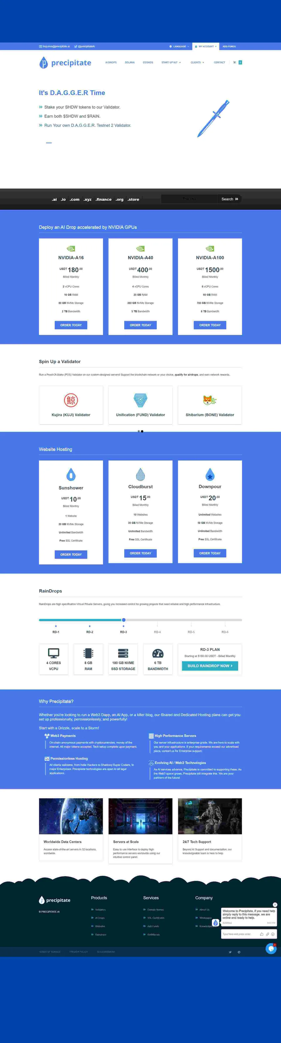 Precipitate WHMCS website by ElySpace, focused on hosting services, plan ordering and the client area interface