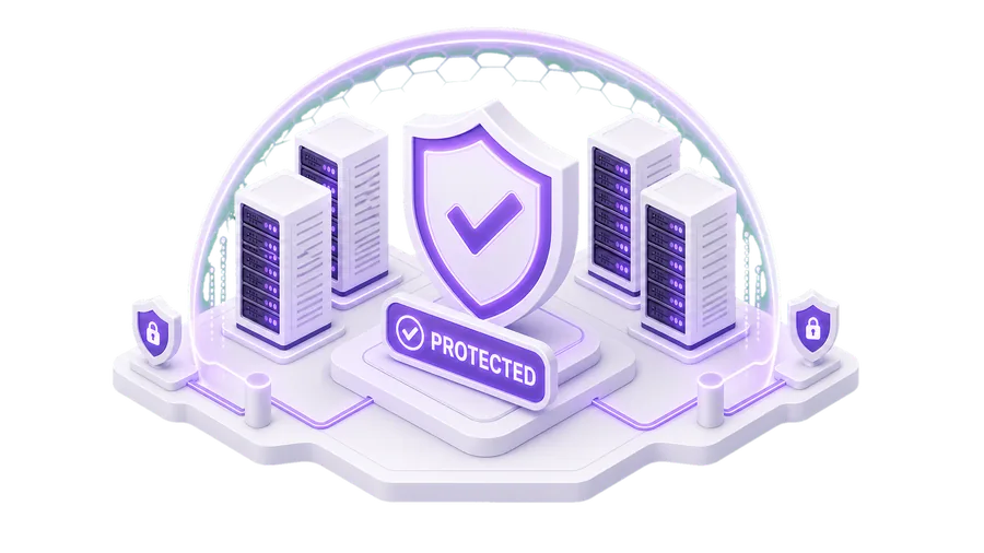 Isometric illustration of server racks standing inside a protective shield